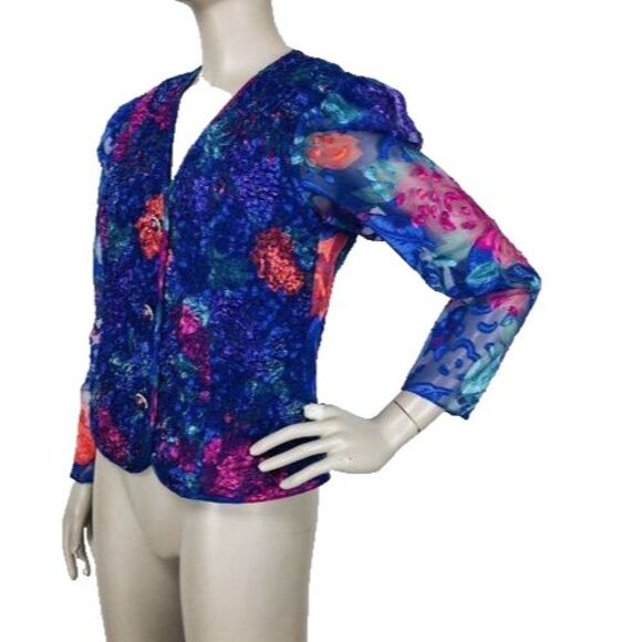 VTG 90s Patra Colorful Chiffon Puff Sleeve Floral Popcorn Buttoned Blouse Jacket - Picture 3 of 10